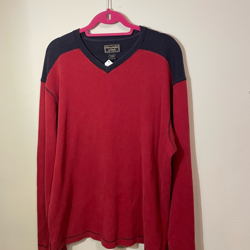 Abercrombie & Fitch Men Large sweater Red Blue V-neck‎ Cotton Pullover warm